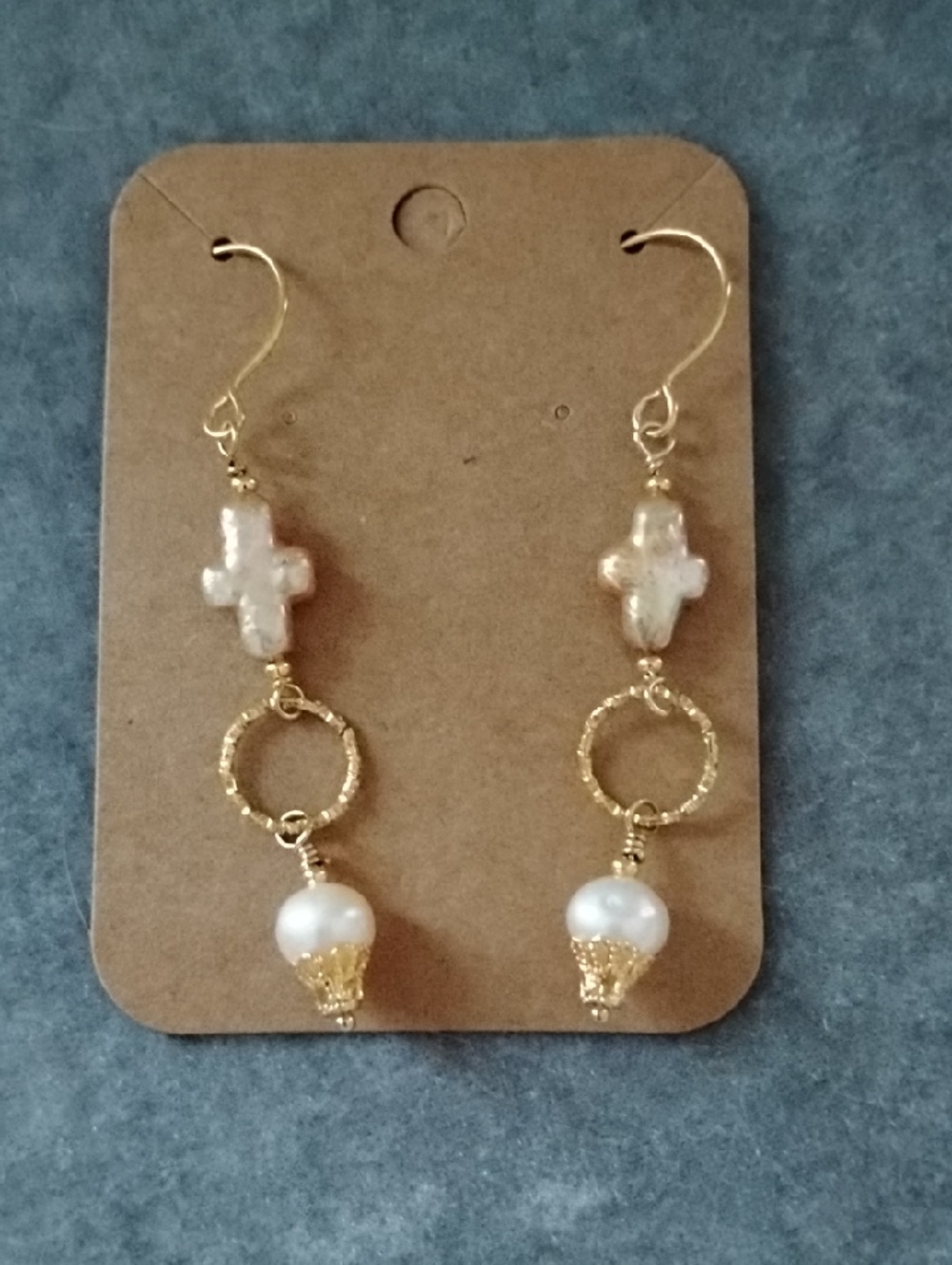 Hand Crafted Gold Cross Pearl Drop Earrings With White Fresh Water Pearls - Picture 6 of 6